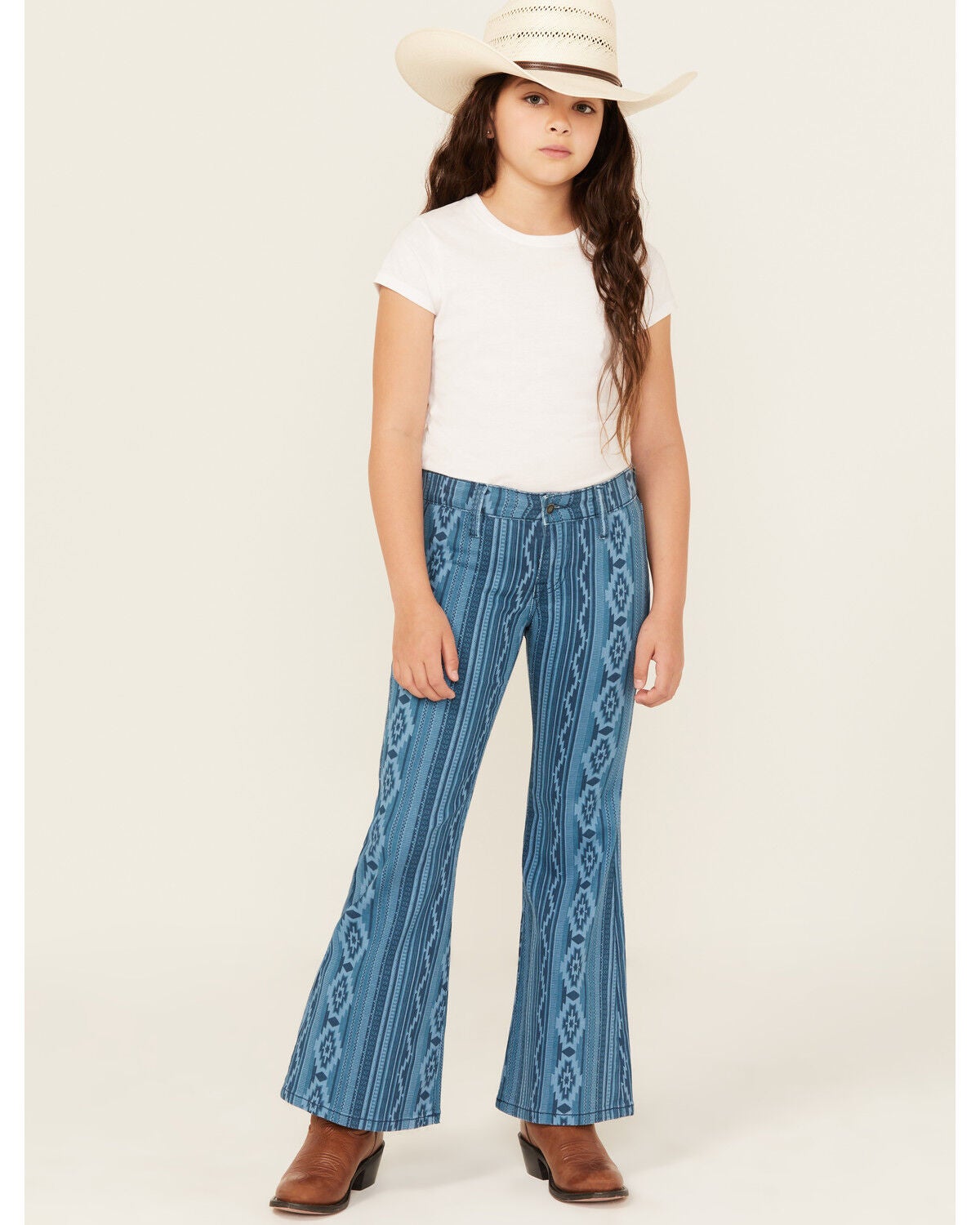 Rock & Roll Denim Girls' Southwestern Striped Flare Stretch Denim Jeans, Blue, hi-res