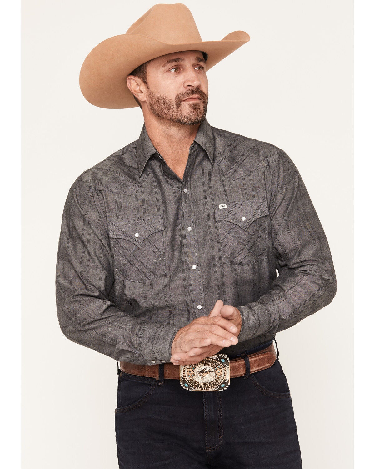 Ely Walker Men's Chambray Long Sleeve Pearl Snap Western Shirt, Black, hi-res