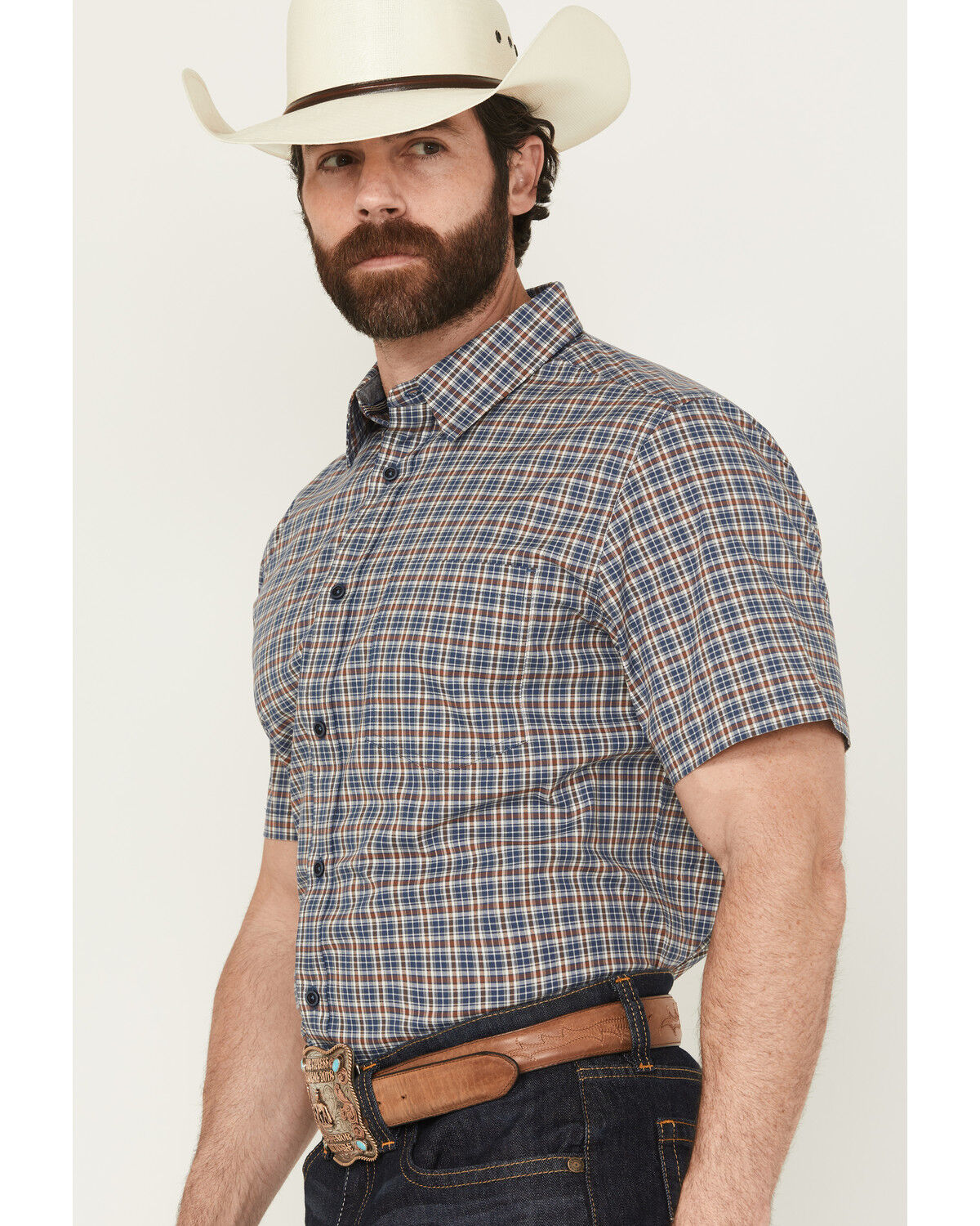 Image #2 - Cody James Men's Wildlife Plaid Print Short Sleeve Button-Down Stretch Western Shirt, Blue, hi-res