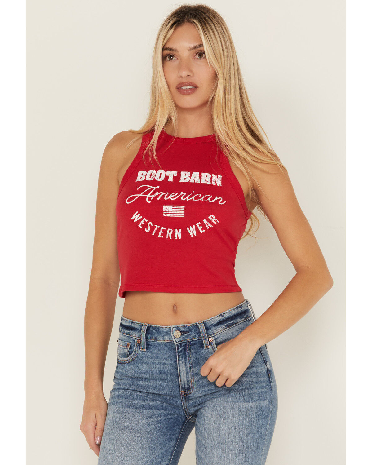 Boot Barn Women's Logo American Western Wear Racerback Tank Top, Red, hi-res