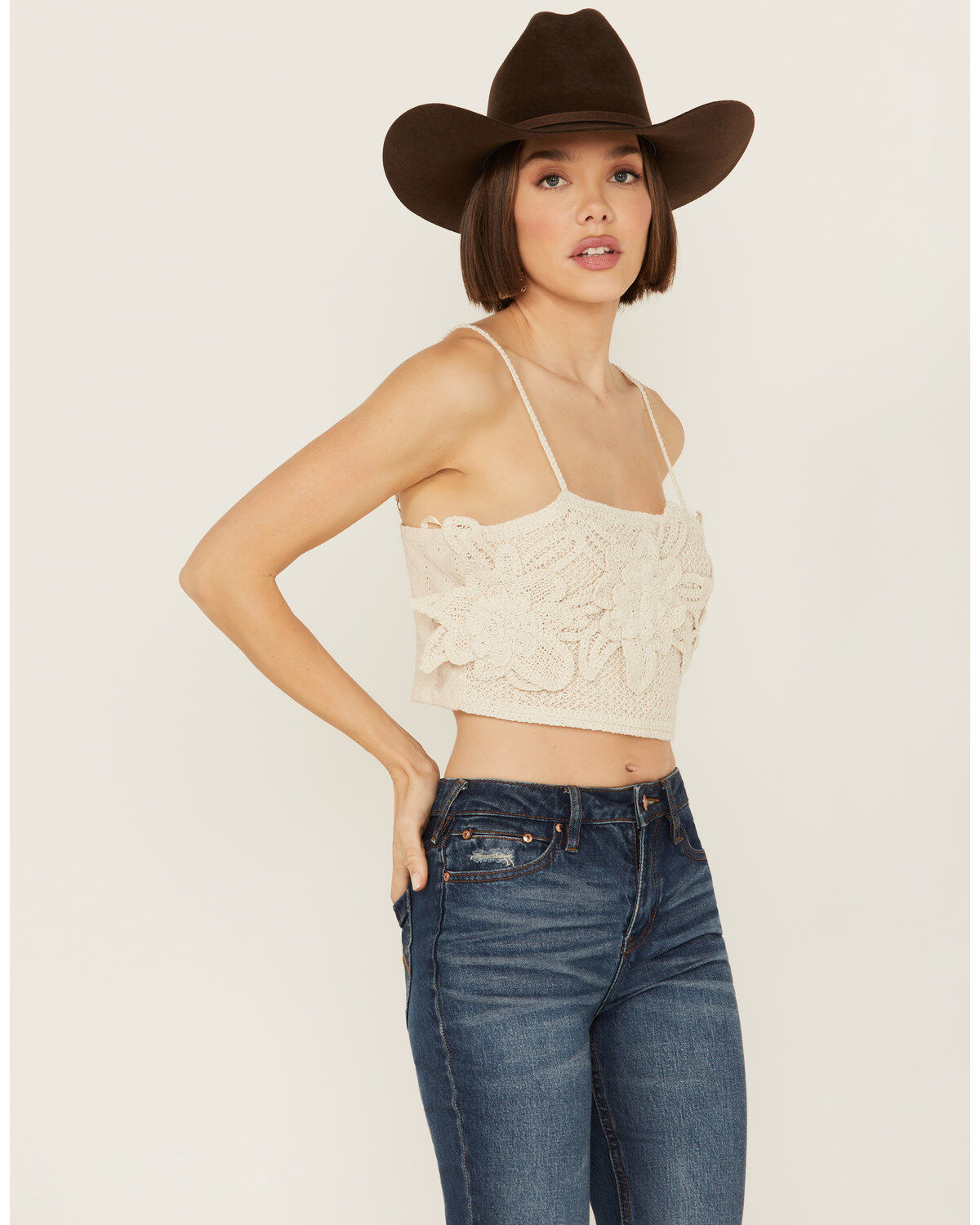 Image #2 - Miss Me Women's Flower Embellished Cropped Tank, Cream, hi-res