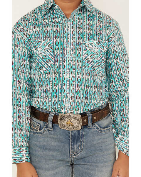 Rough Stock by Panhandle Boys' Vertical Striped Long Sleeve Western Snap Shirt, Turquoise, hi-res