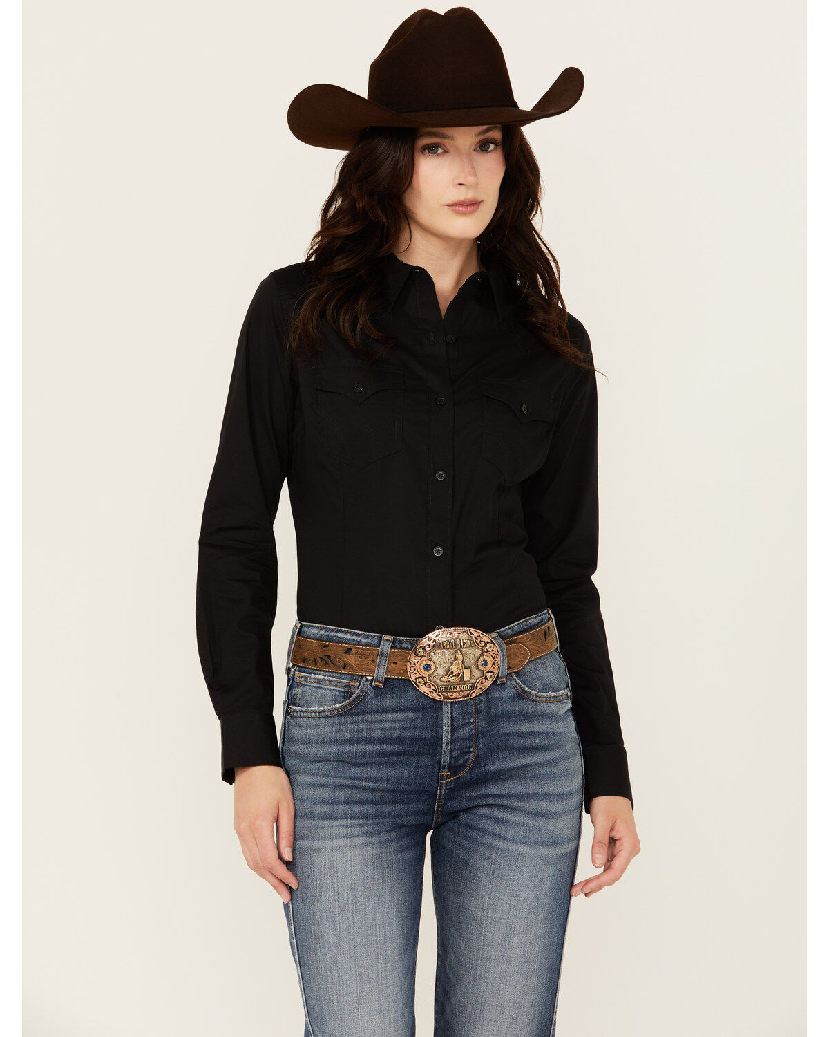 Wrangler Retro Women's Solid Long Sleeve Button-Down Stretch Western Shirt, Black, hi-res