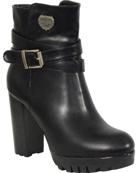 Milwaukee Leather Women's Black Double Strap Platform Heel Boots - Round Toe , Black, hi-res