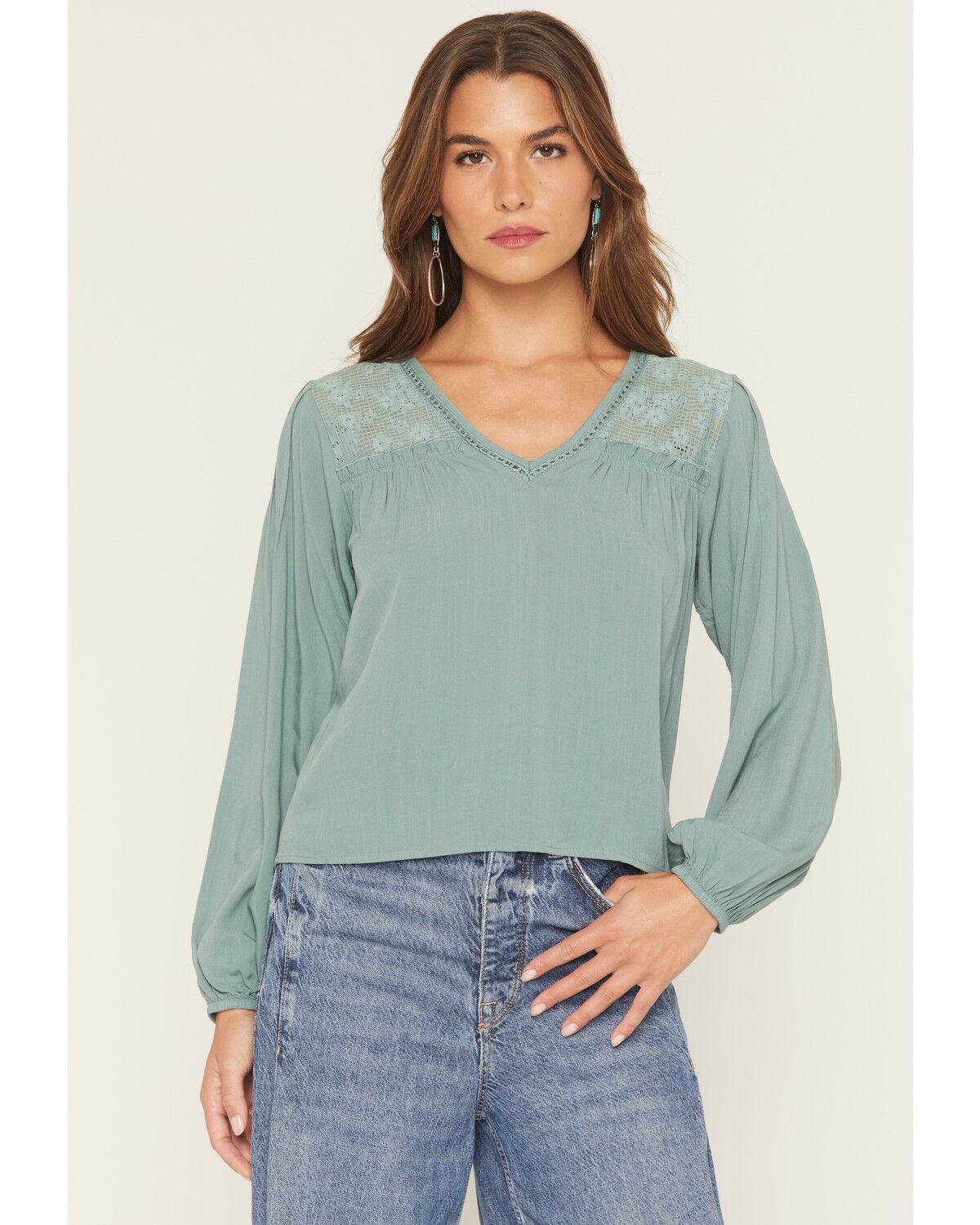 Image #1 - Eyeshadow Women's Long Sleeve Lace Contrast Peasant Top, Sage, hi-res