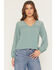 Image #1 - Eyeshadow Women's Long Sleeve Lace Contrast Peasant Top, Sage, hi-res