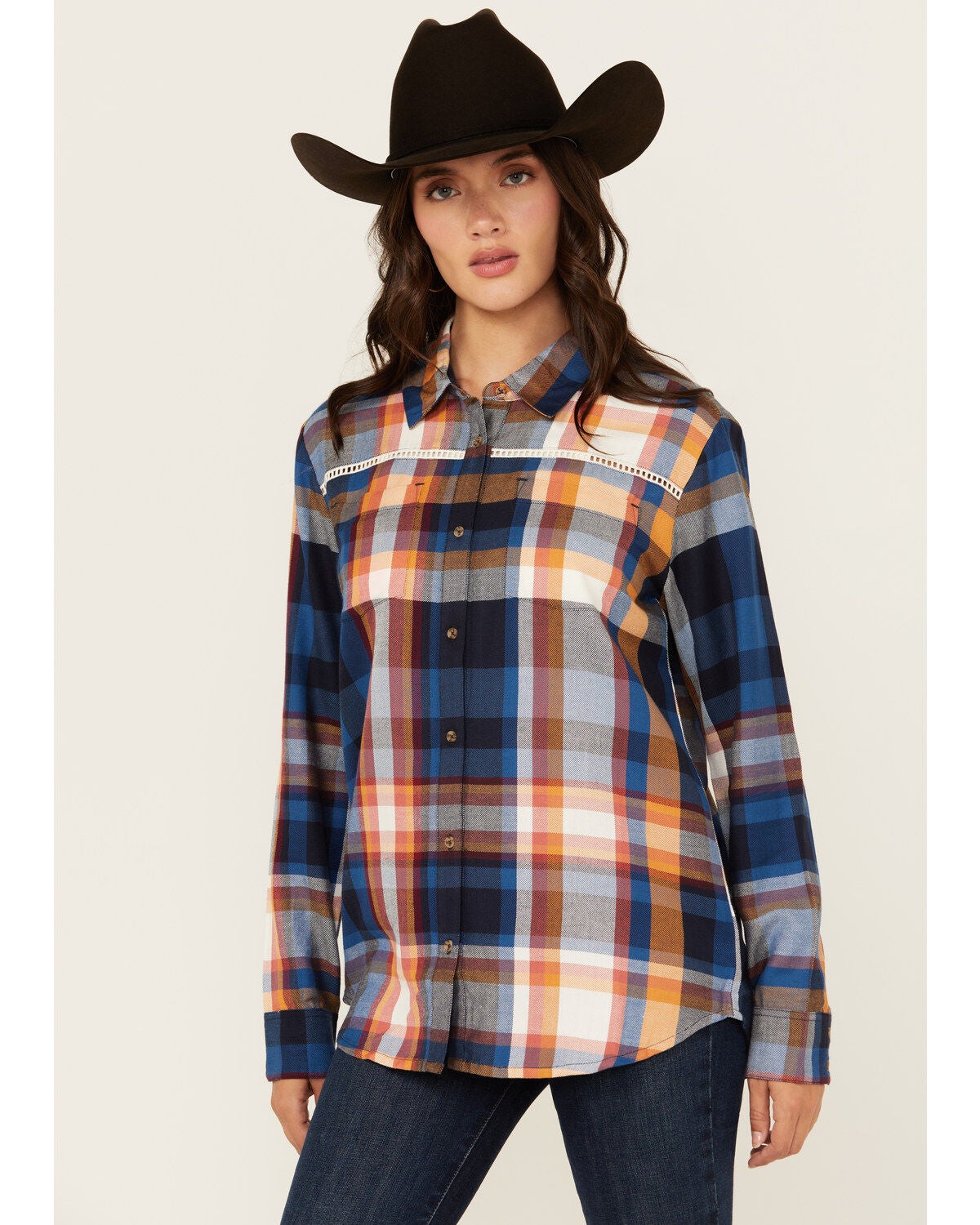 Shyanne Women's Plaid Print Ladder Lace Trim Long Sleeve Button-Down Flannel Shirt, Navy, hi-res