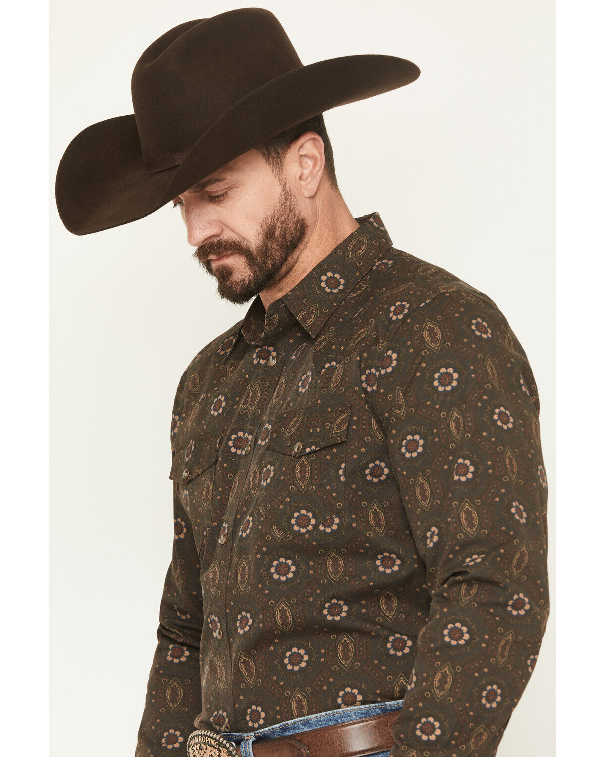 Image #2 - Gibson Trading Co Men's Bourbon Street Medallion Print Long Sleeve Snap Stretch Western Shirt - Big, Brown, hi-res