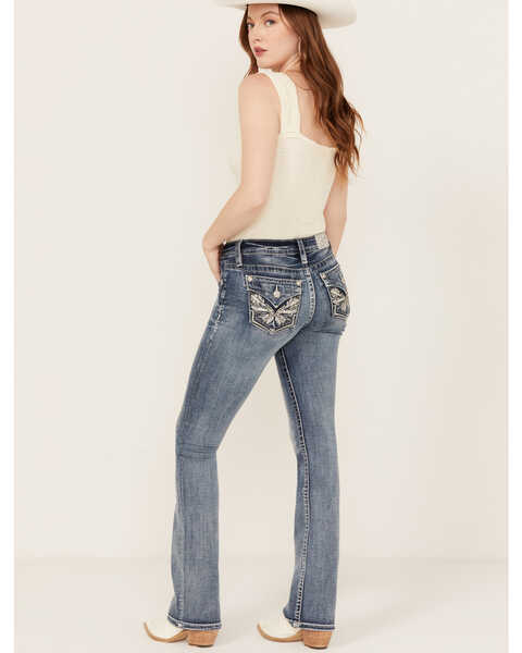 Miss Me Women's Medium Wash Wing Pocket Mid Rise Bootcut Stretch Denim Jeans , Medium Wash, hi-res