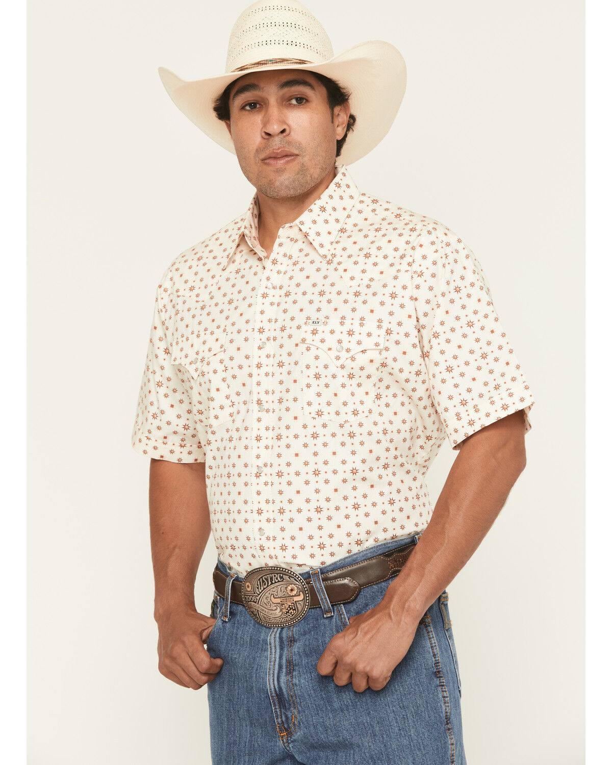 Image #1 - Ely Walker Men's Boot Barn Exclusive Geo Print Short Sleeve Snap Western Shirt, Cream, hi-res