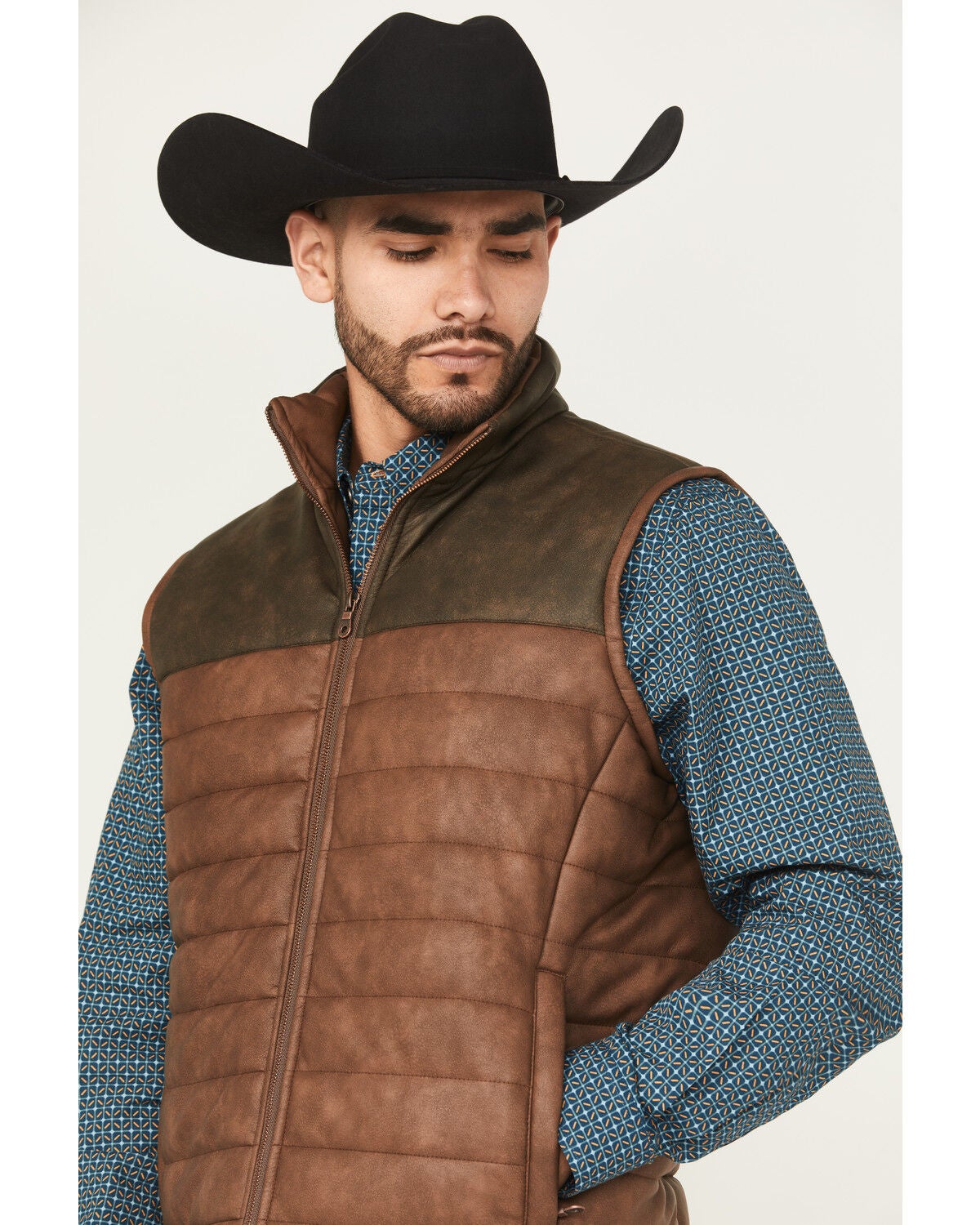 Image #2 - Cripple Creek Men's Faux Leather Puffer Vest, Brown, hi-res