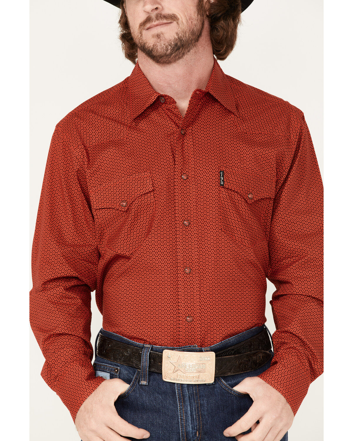 Image #3 - Cinch Men's Modern Fit Small Geo Print Snap Western Shirt, Red, hi-res