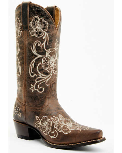 Shyanne Women's Lasy Floral Embroidered Western Boots - Snip Toe, Brown, hi-res