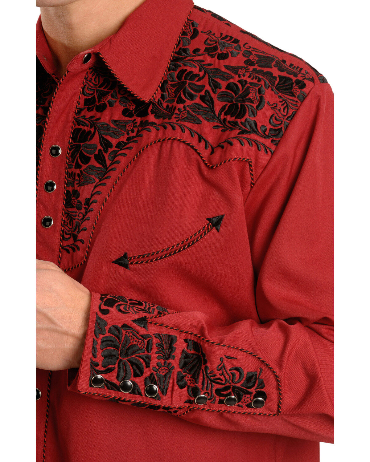 Image #2 - Scully Men's Embroidered Red Retro Long Sleeve Western Shirt, , hi-res