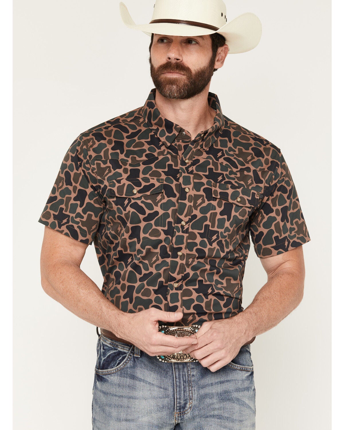 Rock & Roll Denim X Koe Wetzel Men's Camo Print Short Sleeve Snap Stretch Western Shirt, Camouflage, hi-res