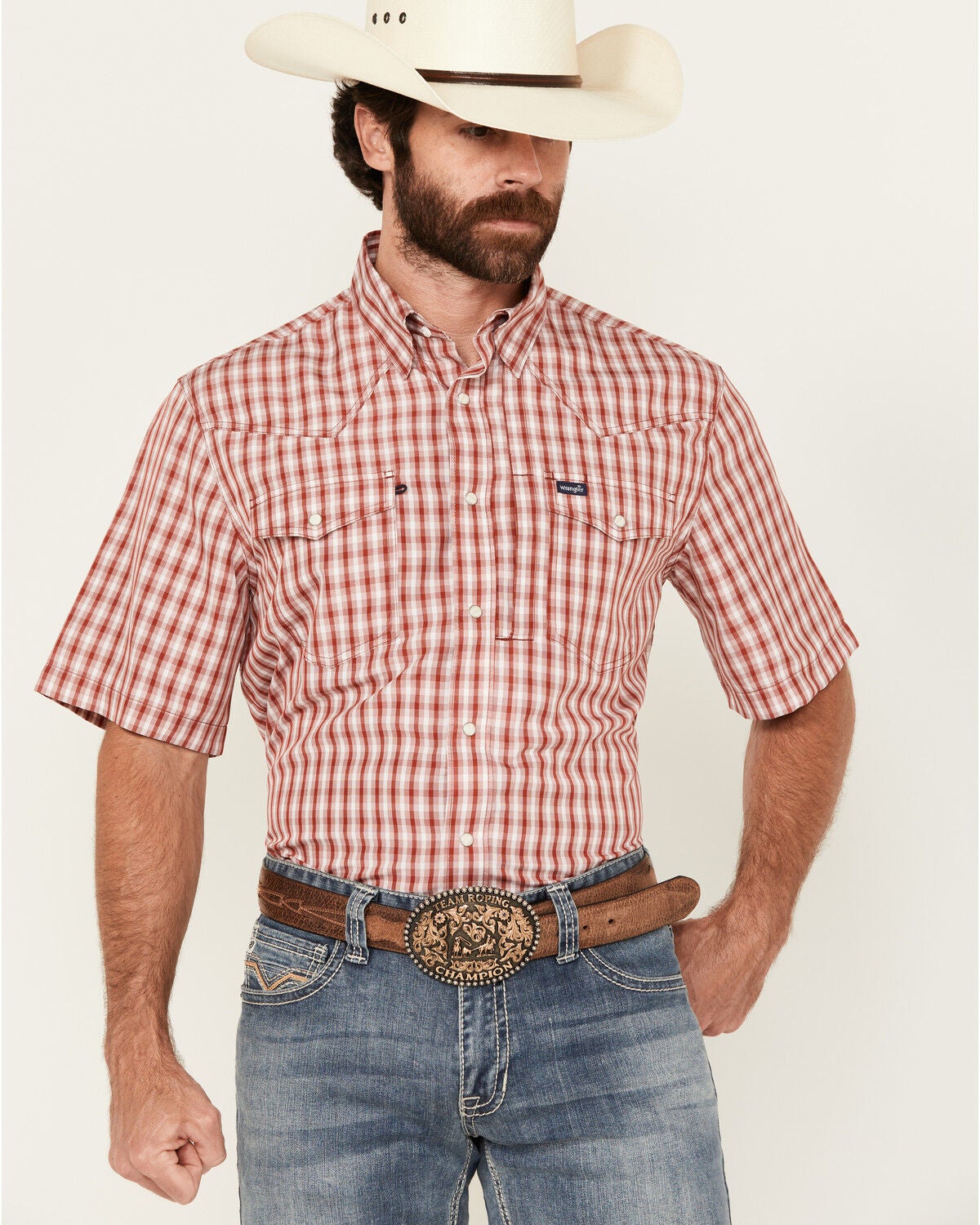 Wrangler Men's Plaid Print Short Sleeve Snap Performance Western Shirt - Tall, Red, hi-res