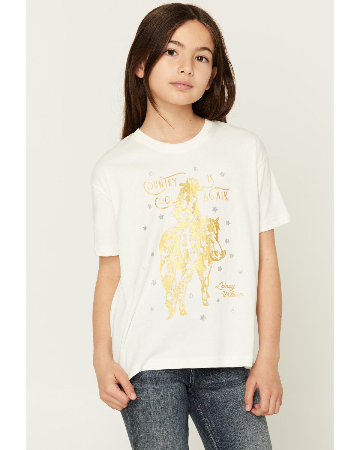 Image #1 - Wrangler X Lainey Wilson Girls' Country Is Cool Again Short Sleeve Graphic Tee, White, hi-res