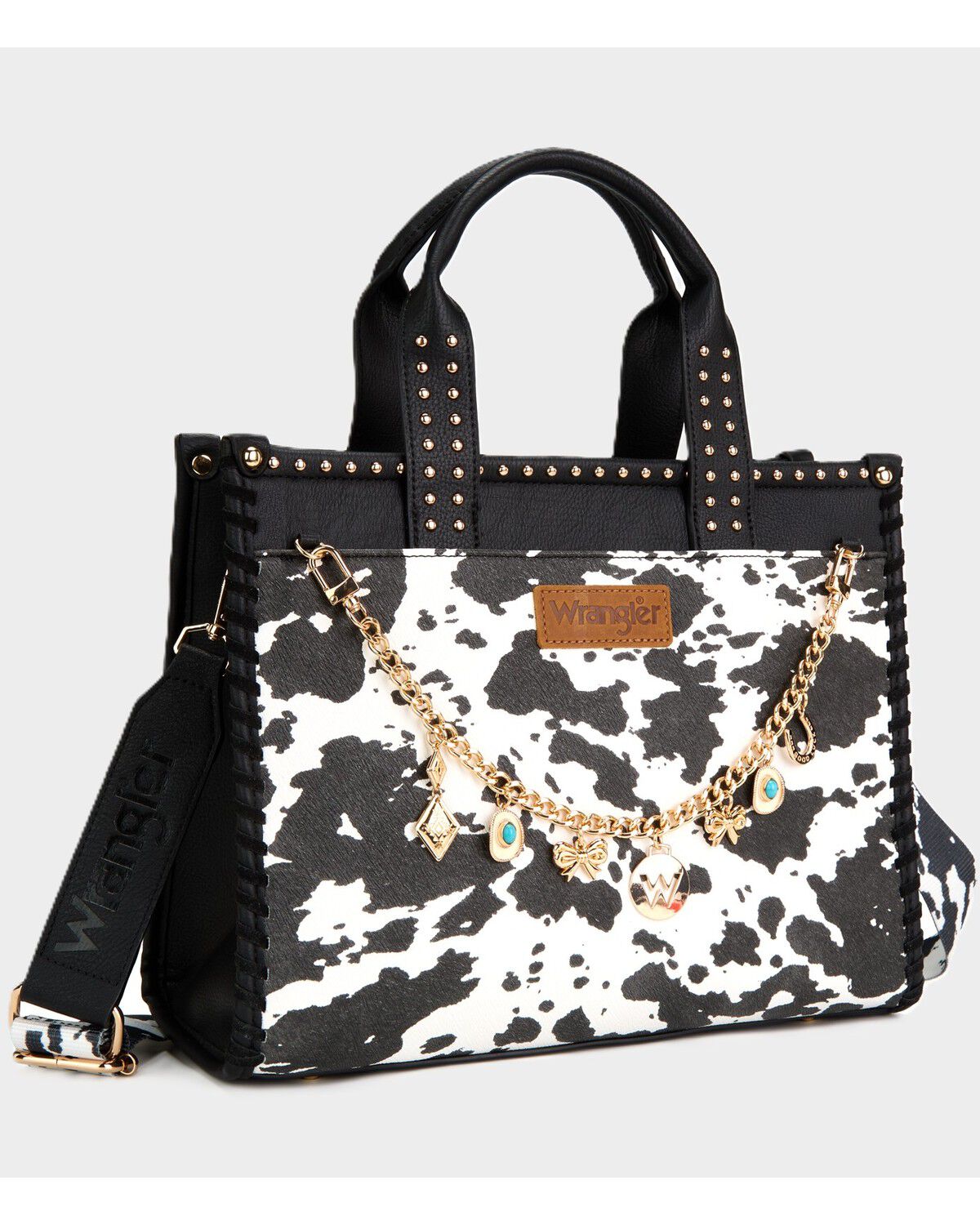 Image #2 - Wrangler X Boot Barn Women's Cow Print Tote with Chain, Black, hi-res