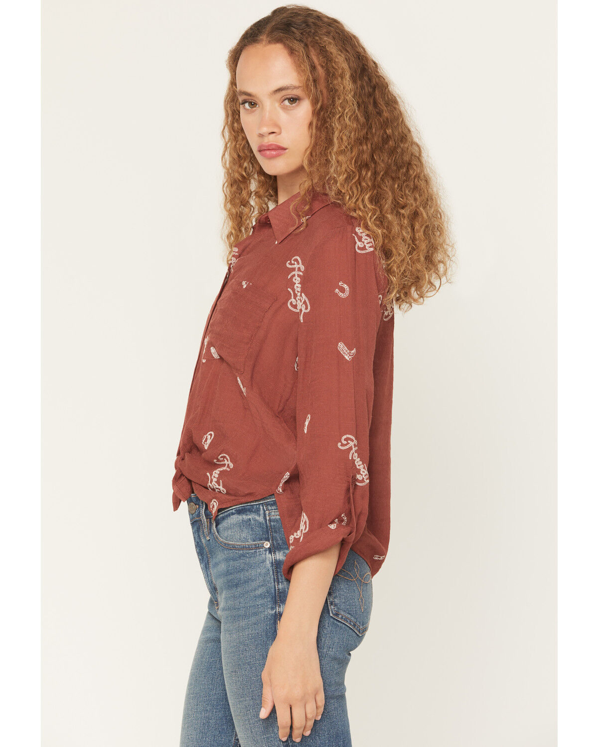 Image #2 - June & Hudson Women's Western Embroidered 3/4 Sleeve Button-Down Shirt, Dark Red, hi-res