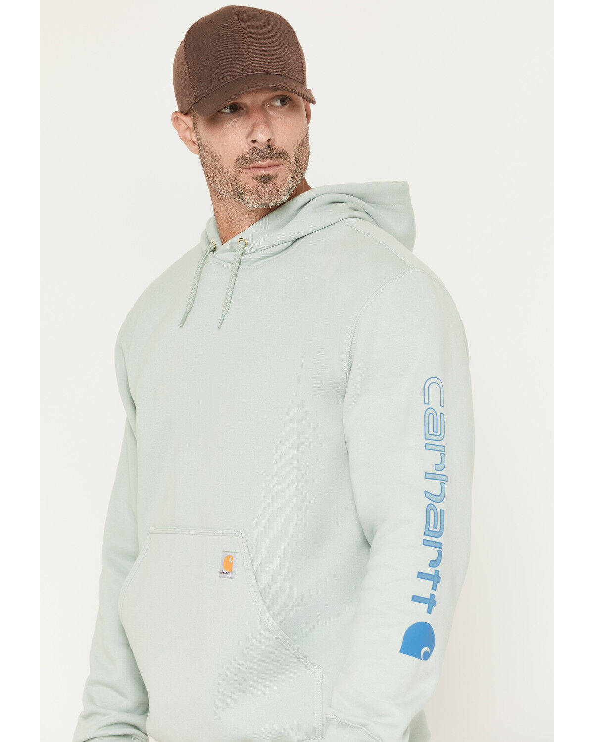 Image #2 - Carhartt Men's Loose Fit Midweight Logo Sleeve Graphic Hooded Sweatshirt, Light Blue, hi-res