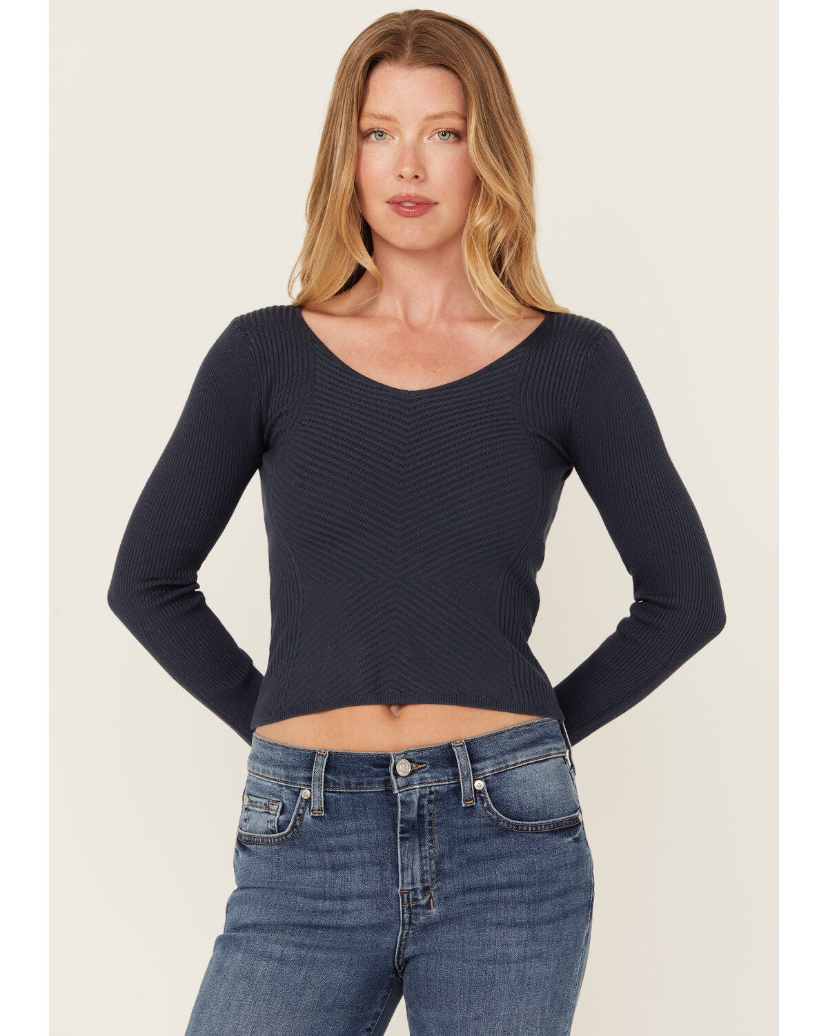 Shyanne Women's Ribbed Long Sleeve Sweater, Navy, hi-res