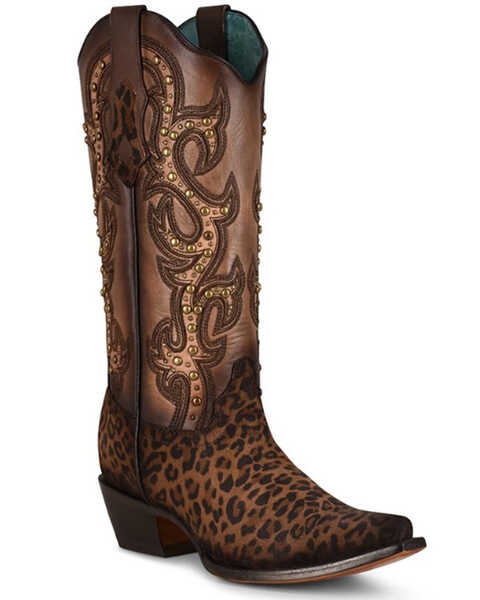 Image #1 - Corral Women's Leopard Print Studded Western Boots - Snip Toe, Leopard, hi-res