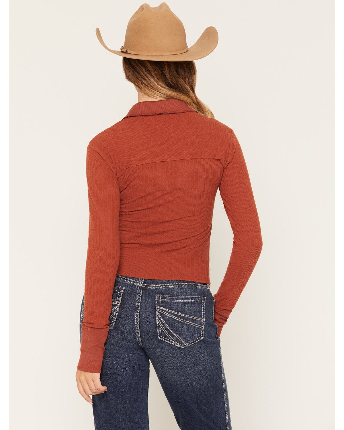 Image #4 - Shyanne Women's Contrast Cuff Collar Long Sleeve Top, Saddle, hi-res