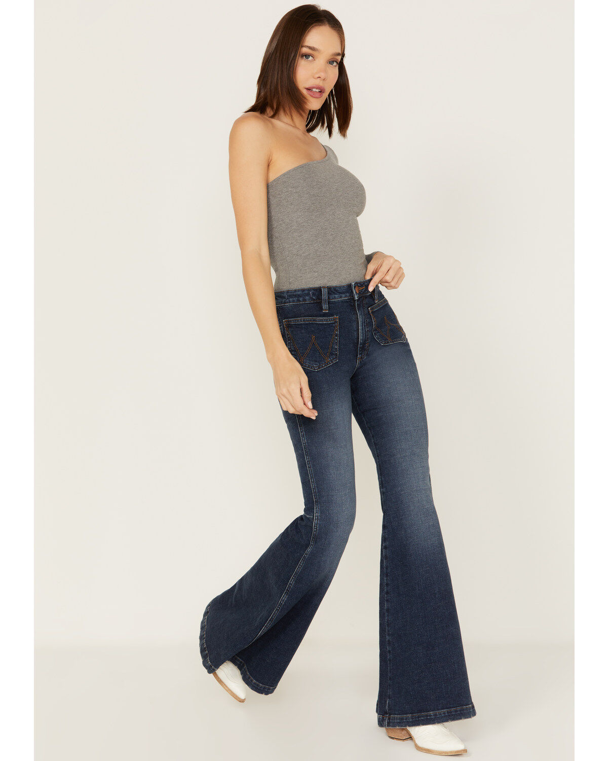 Image #1 - Wrangler Retro Women's Medium Wash High Rise Flare Patch Pocket Victoria Jeans, Blue, hi-res