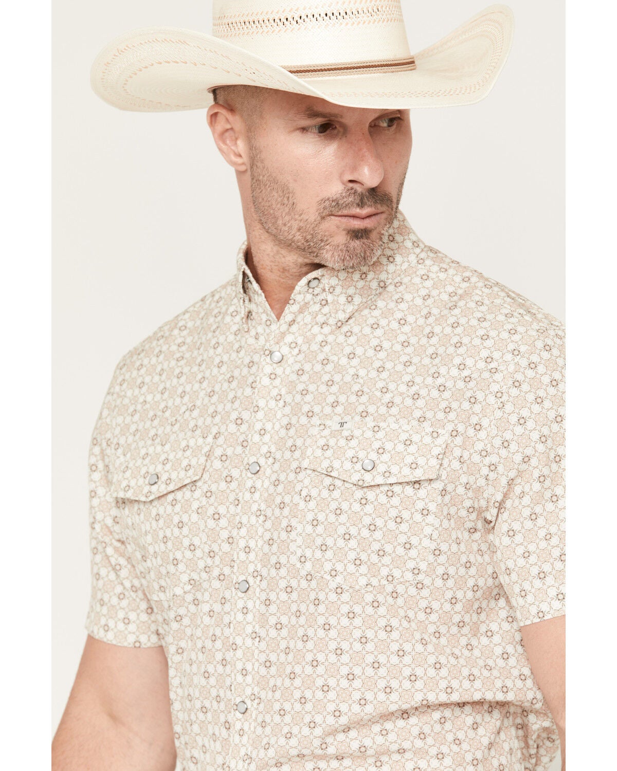 Image #2 - Ferrell Men's Callen Tek Medallion Print Short Sleeve Pearl Snap Stretch Western Shirt, Tan, hi-res
