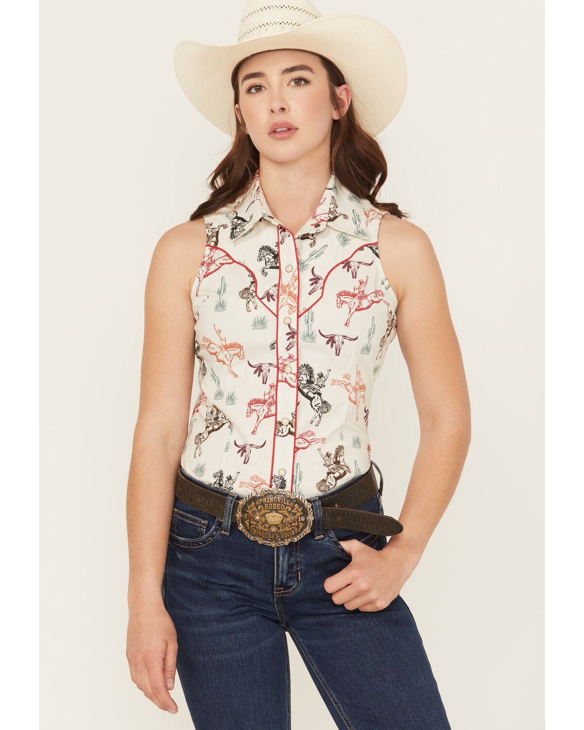 Rock & Roll Denim Women's Western Conversation Print Sleeveless Snap Western Shirt, Natural, hi-res