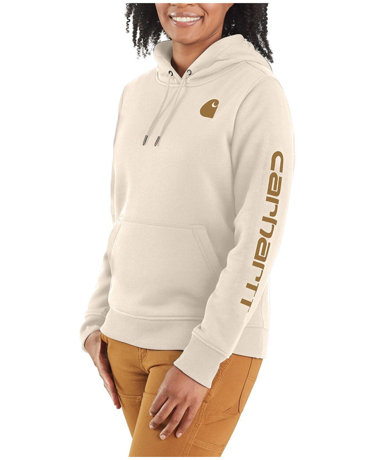 Image #1 - Carhartt Women's Relaxed Fit Midweight Logo Sleeve Graphic Hoodie, Brown, hi-res