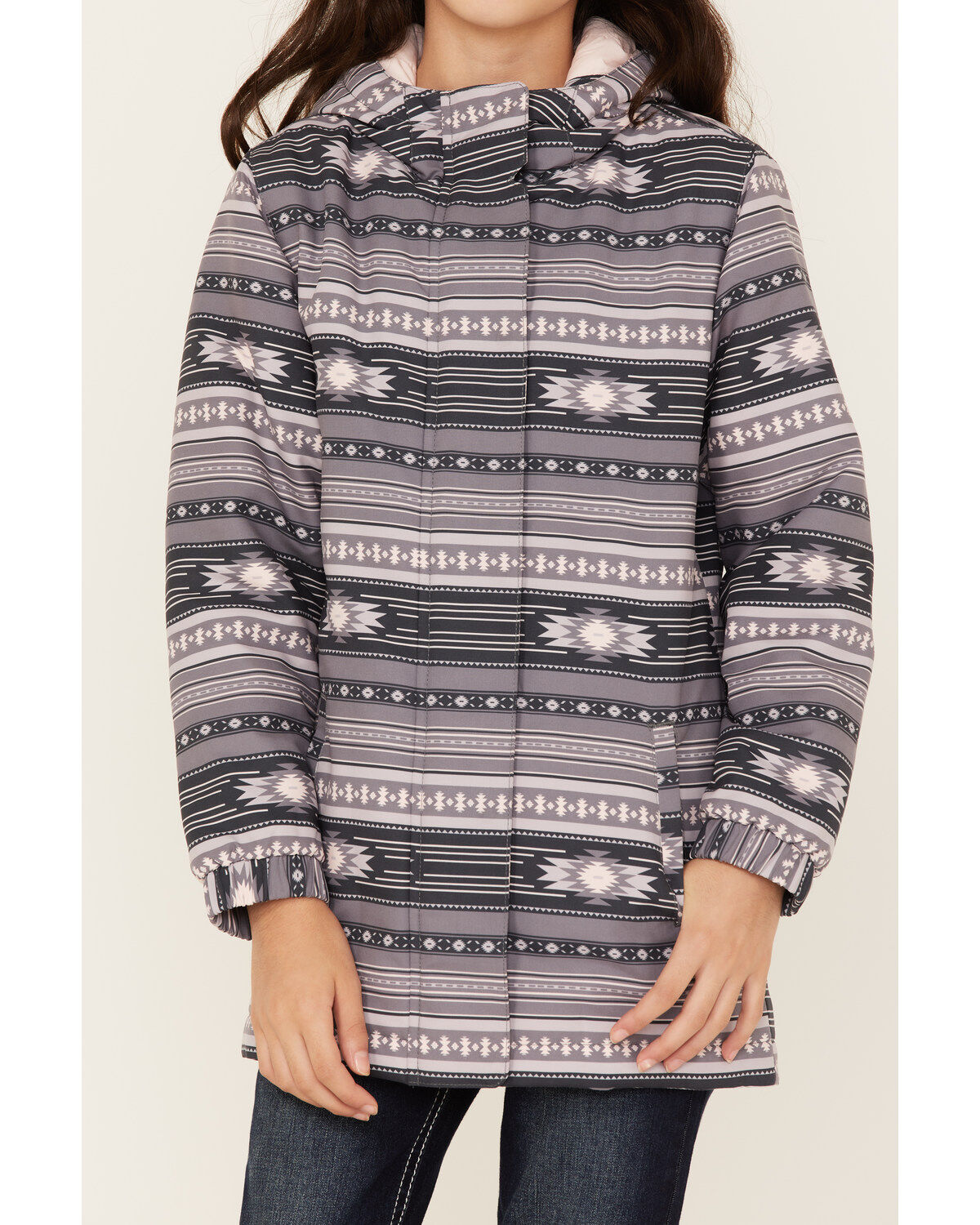 Image #3 - Cruel Girl Girls' Southwestern Stripe Softshell Hooded Jacket, Grey, hi-res