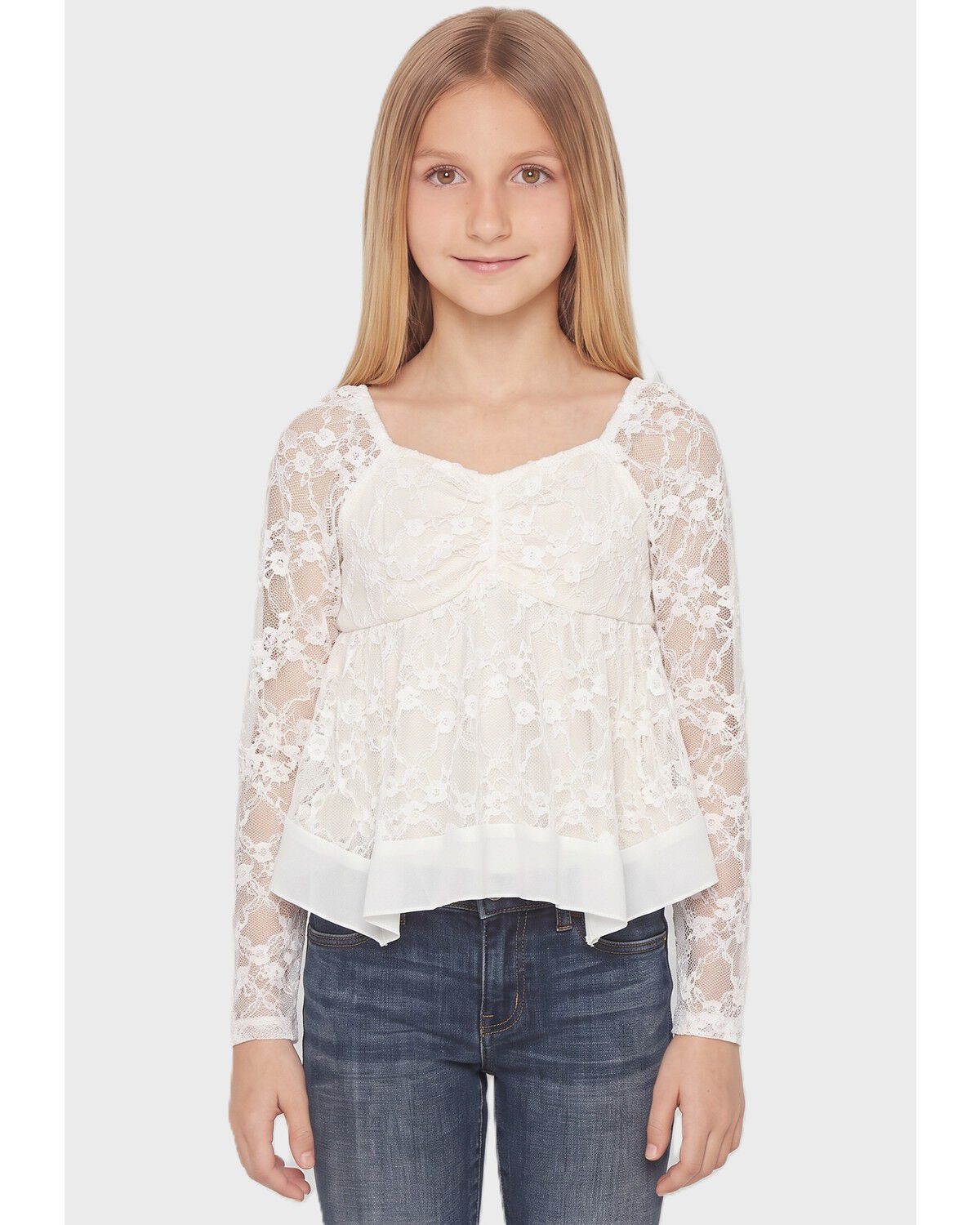 Image #1 - Shyanne Girls' Long Sleeve Lace Top, Ivory, hi-res