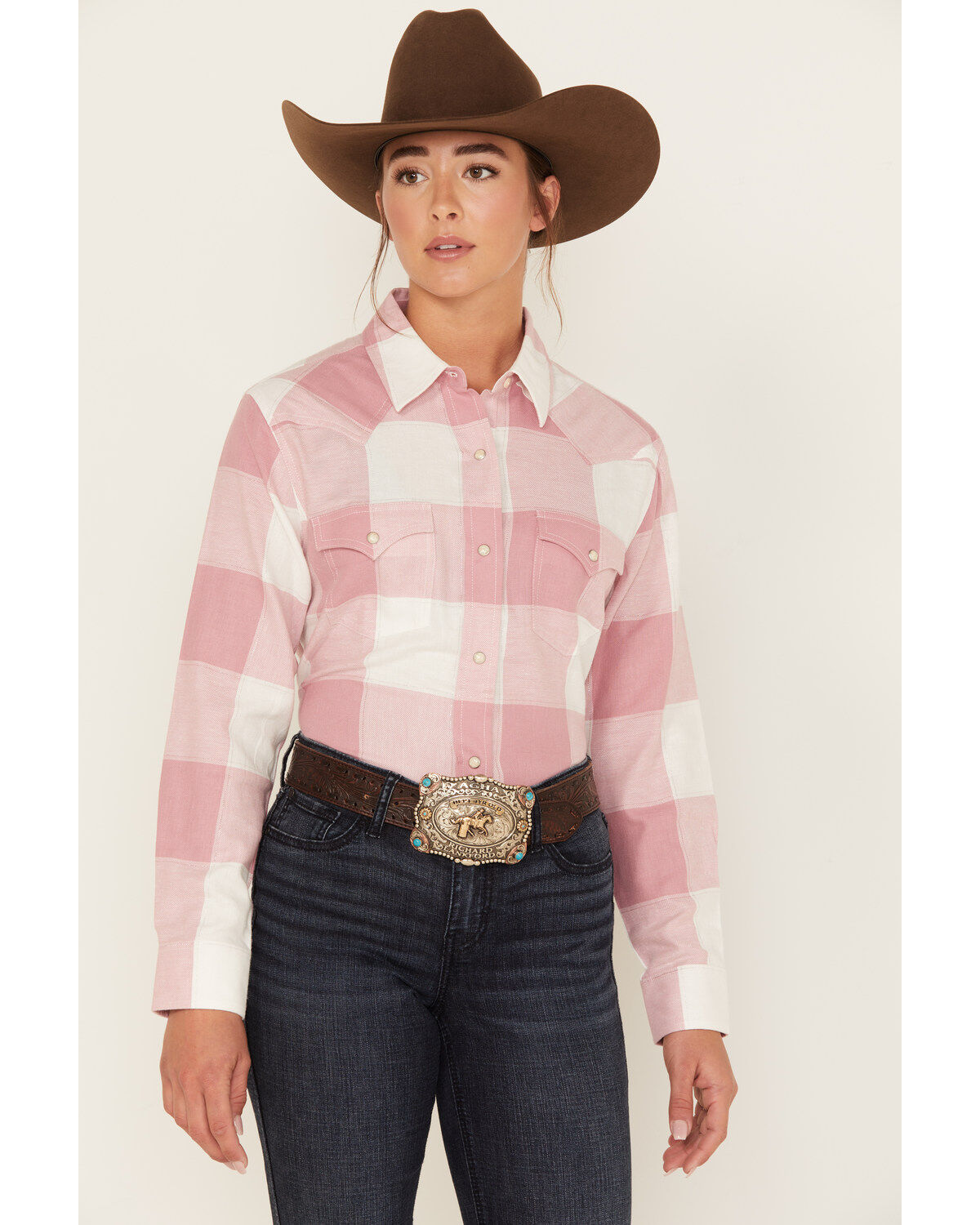 Image #1 - Wrangler Women's Boot Barn Exclusive Buffalo Check Print Long Sleeve Western Flannel Pearl Snap Shirt, , hi-res