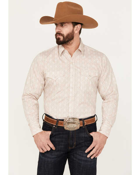 Ely Walker Men's Medallion Print Long Sleeve Pearl Snap Western Shirt, Beige/khaki, hi-res