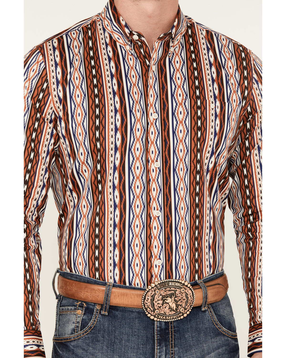 Image #3 - RANK 45® Men's Big Sky Southwestern Striped Print Long Sleeve Button-Down Stretch Western Shirt, Brown, hi-res