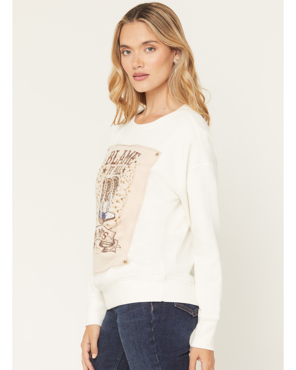Image #2 - Blended Women's Boots Embellished Graphic Crewneck Sweatshirt, White, hi-res