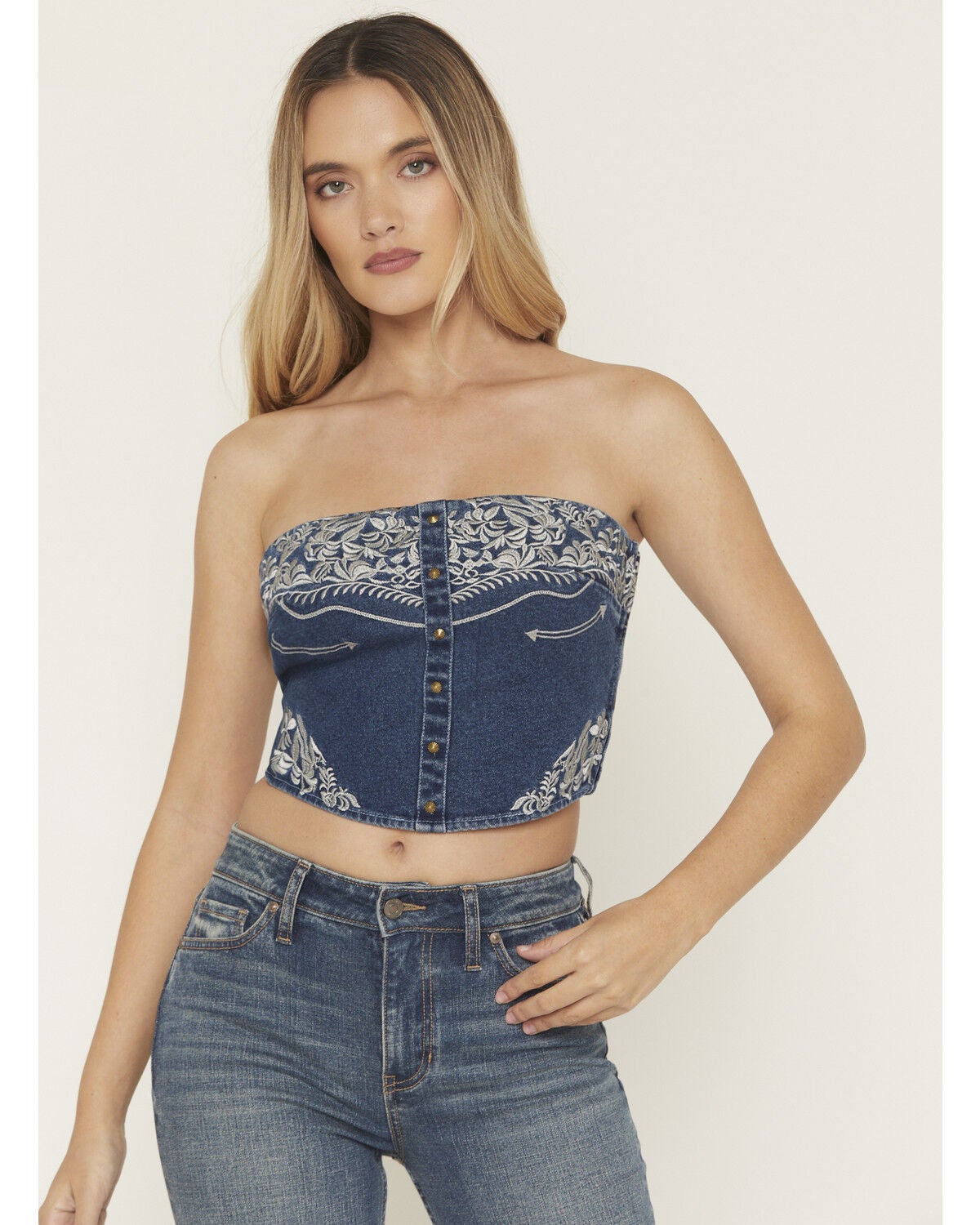Blue B Women's Boot Barn Exclusive Sleeveless Denim Western Embroidered Bustier Top, Dark Wash, hi-res
