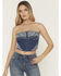 Image #1 - Blue B Women's Boot Barn Exclusive Sleeveless Denim Western Embroidered Bustier Top, Dark Wash, hi-res
