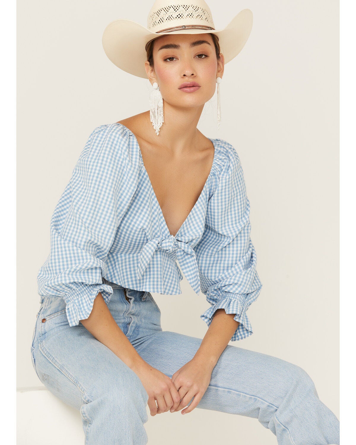 Beyond The Radar Women's Gingham Tie Front Crop Blouse, Blue, hi-res