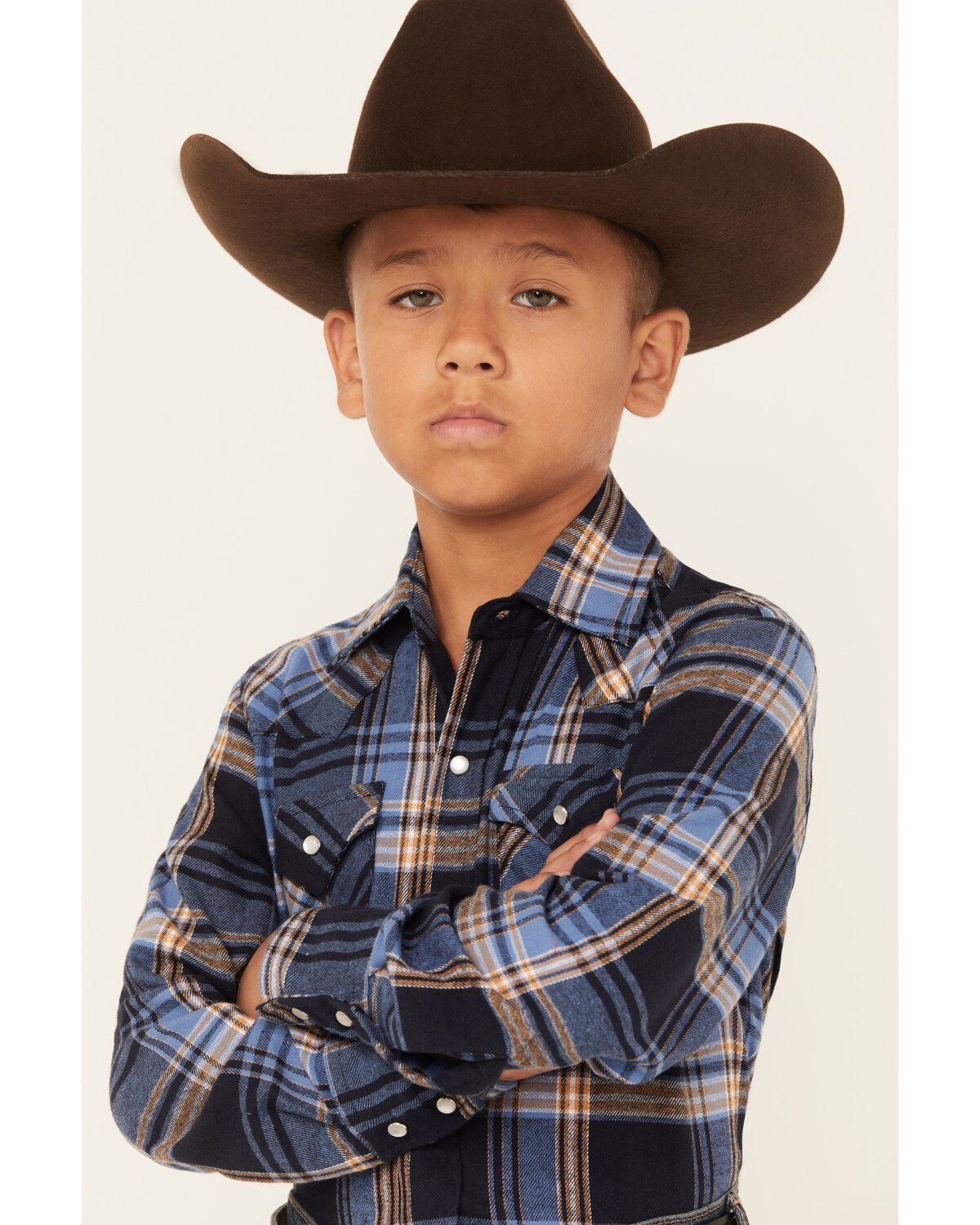 Image #2 - Ely Walker Boys' Plaid Print Brushed Flannel Long Sleeve Pearl Snap Western Shirt, Blue, hi-res