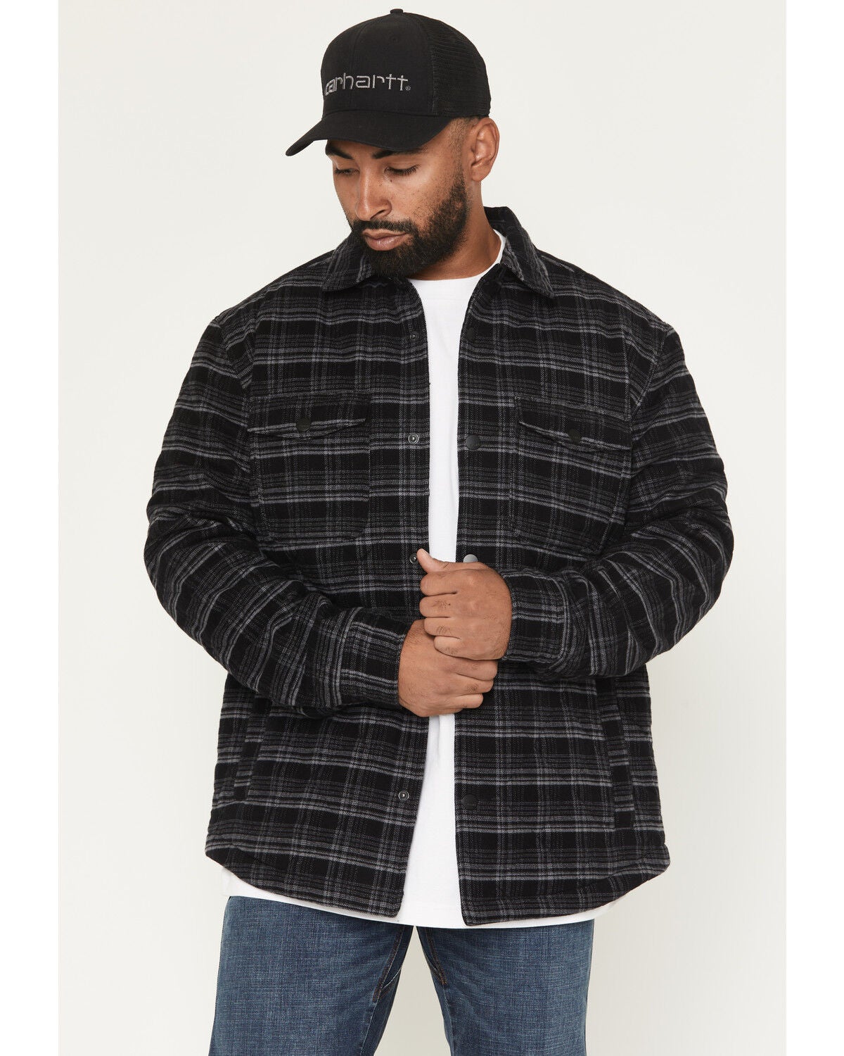 Hawx Men's Harvester Plaid Print Quilted Snap Jacket, Charcoal, hi-res