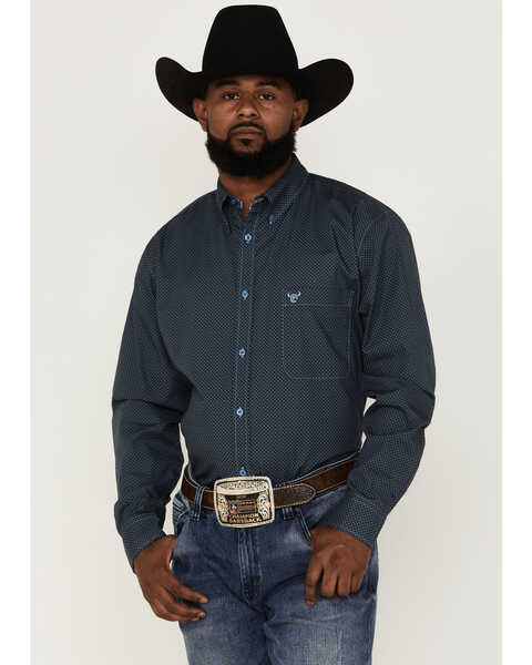 Cowboy Hardware Men's Squiggly Diamond Star Geo Print Long Sleeve Western Shirt , Navy, hi-res