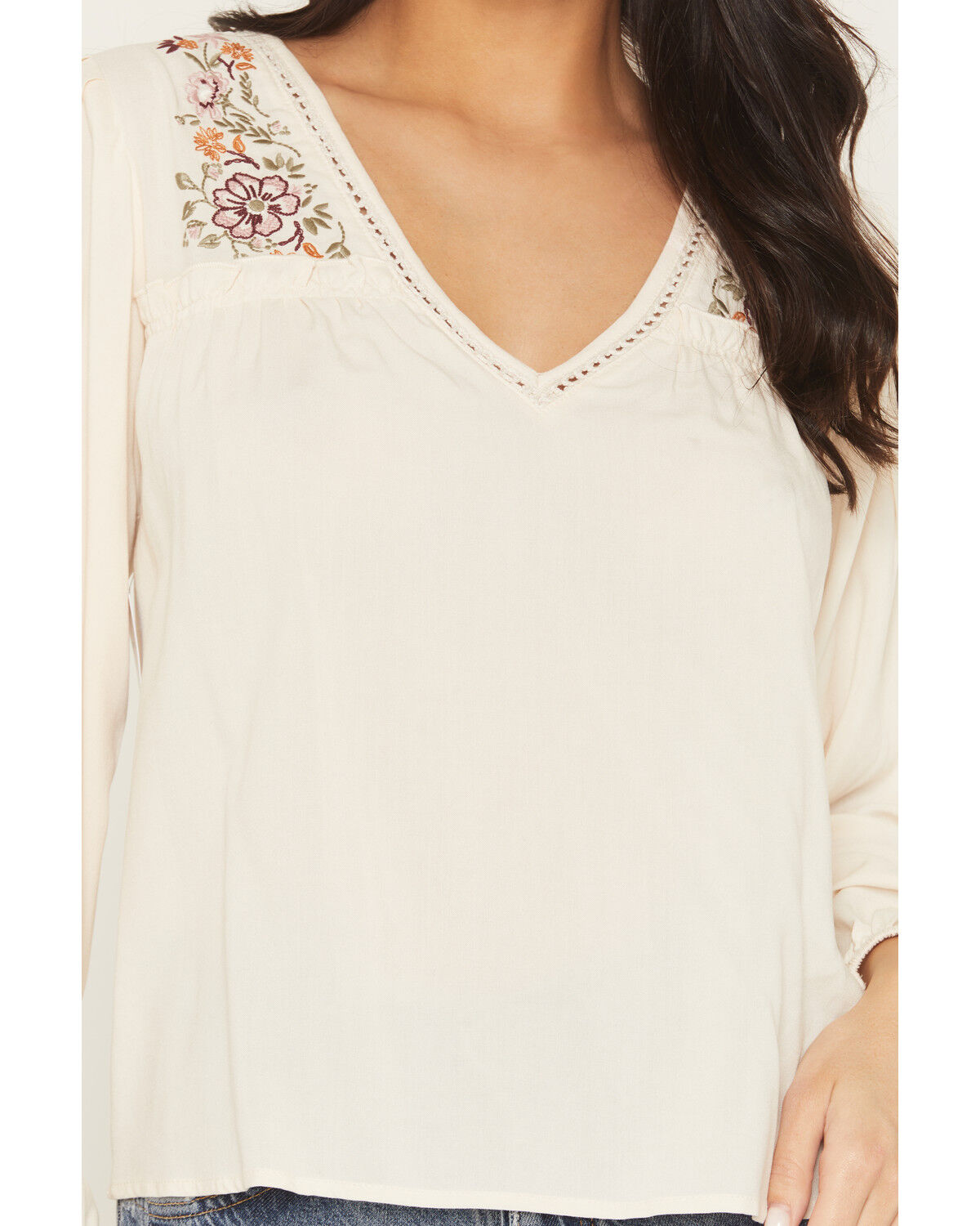 Image #3 - Eyeshadow Women's Long Sleeve Embroidered Peasant Top, Ivory, hi-res