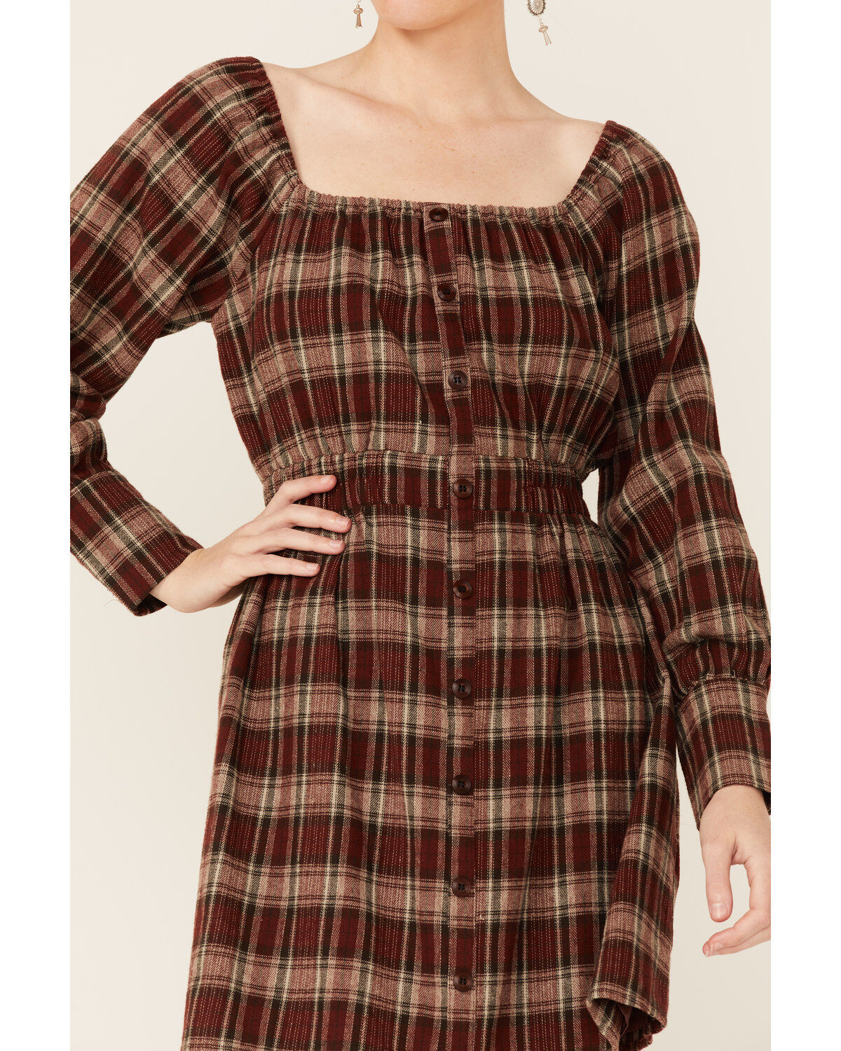 Image #2 - Paper Crane Women's Long Sleeve Plaid Mini Dress, Burgundy, hi-res