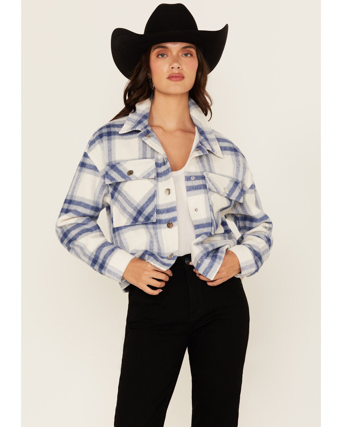 26 International Women's Plaid Print Shacket, Blue, hi-res