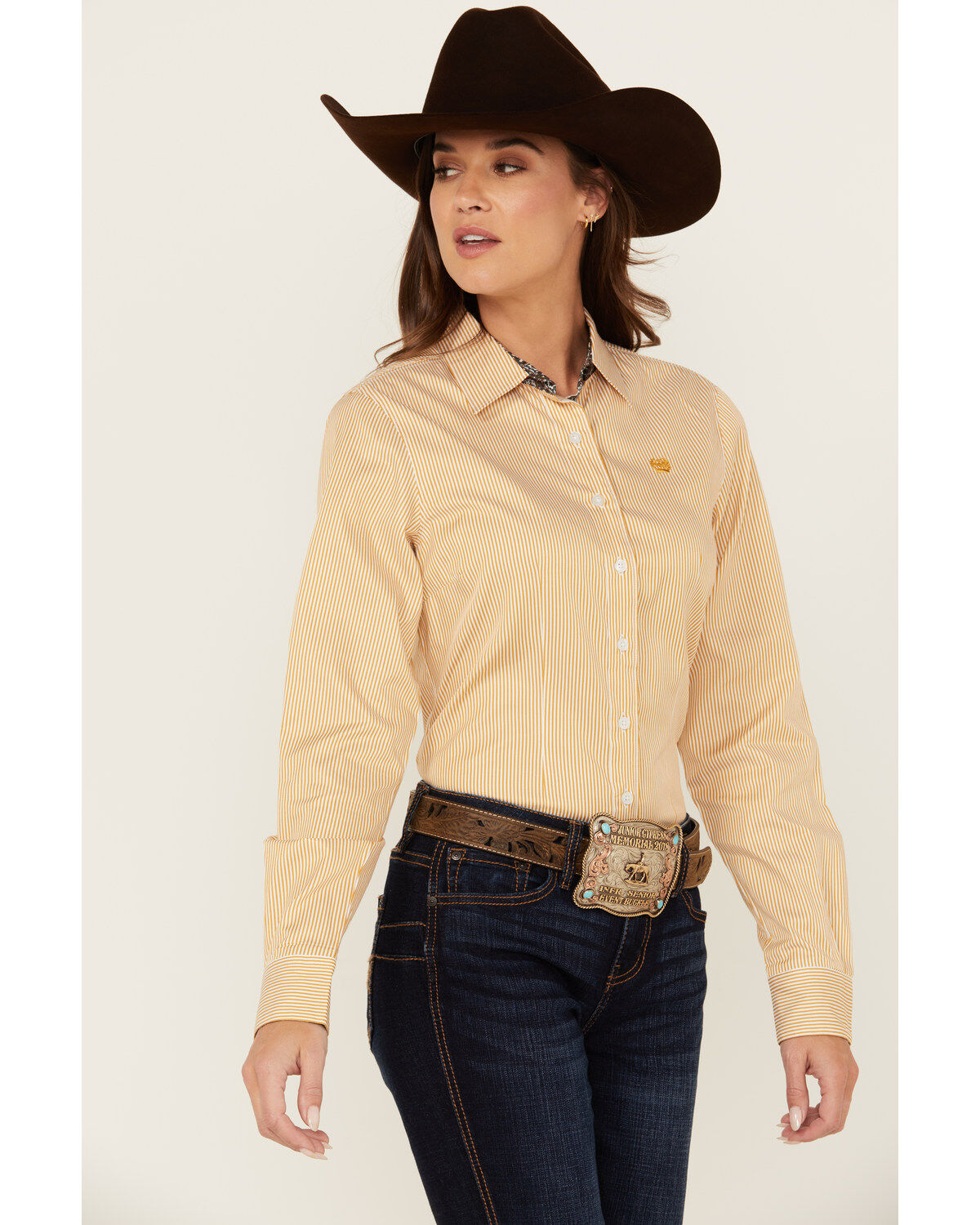 Image #2 - Cinch Women's Striped Long Sleeve Button-Down Western Shirt, Gold, hi-res