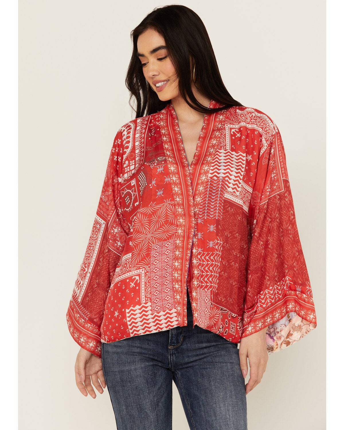 Johnny Was Women's Cosmo Nana Reversible Patchwork Floral Print & Paisley Bandana Kimono, Multi, hi-res