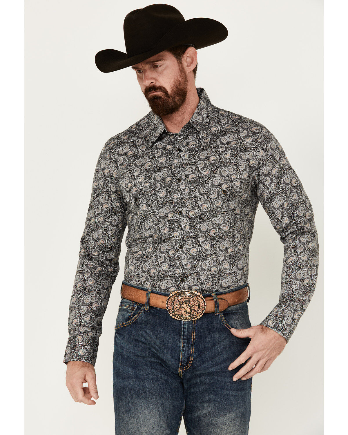 Image #1 - Rock & Roll Denim Men's Paisley Print Long Sleeve Pearl Snap Stretch Western Shirt, Black, hi-res
