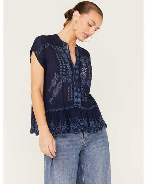 Johnny Was Women's Clemence Eyelet Lace Blouse, Blue, hi-res